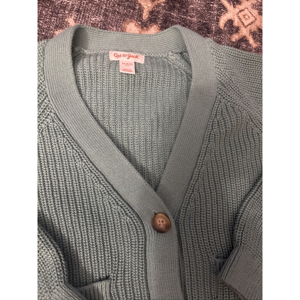 Cat & Jack Girls Cardigan Size XS 4 5 Button Front V-Neck Sweater Ocean Green - Picture 3 of 5